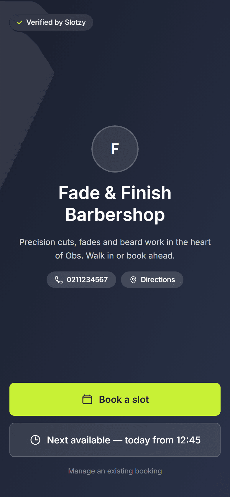 The Slotzy booking page showing a barbershop service list with prices
