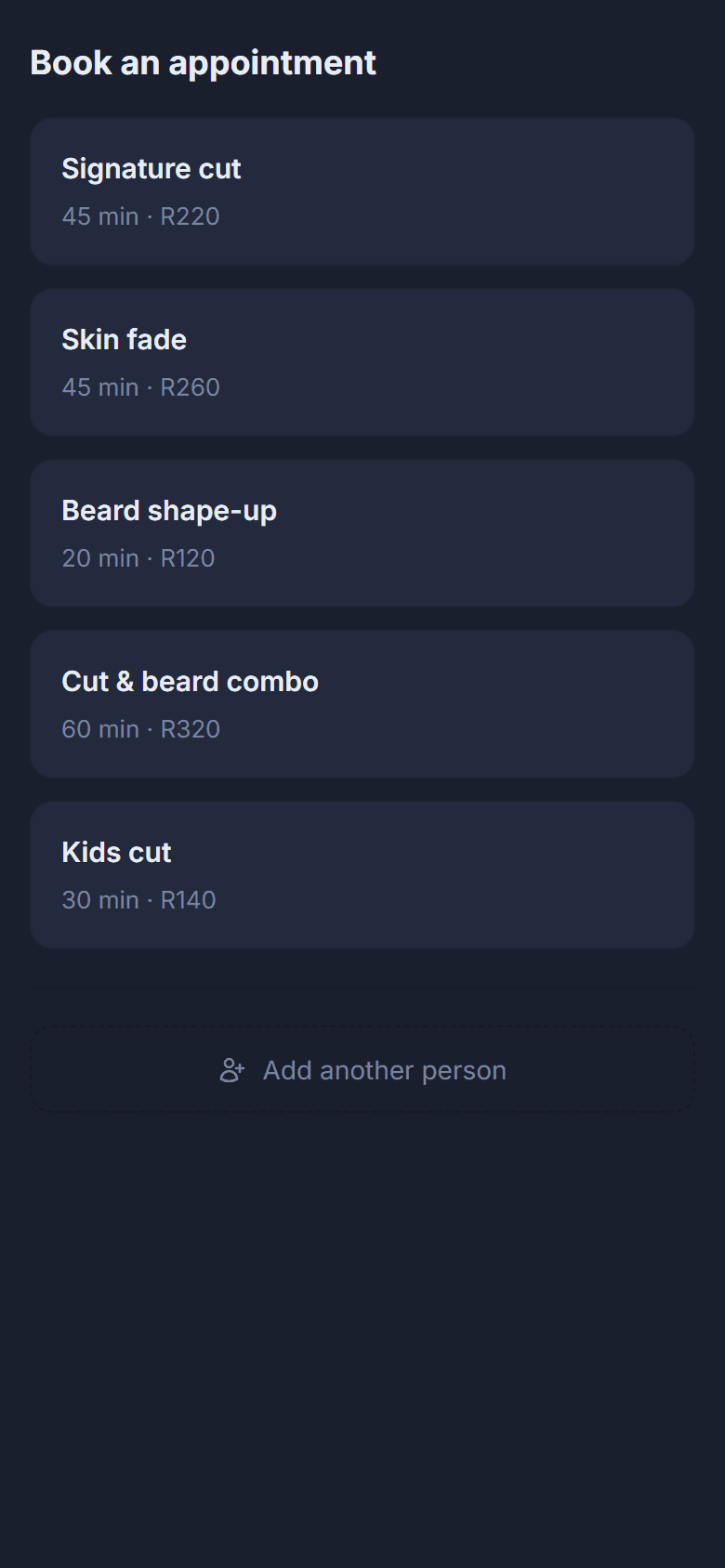The Slotzy booking page showing a barbershop service list with prices
