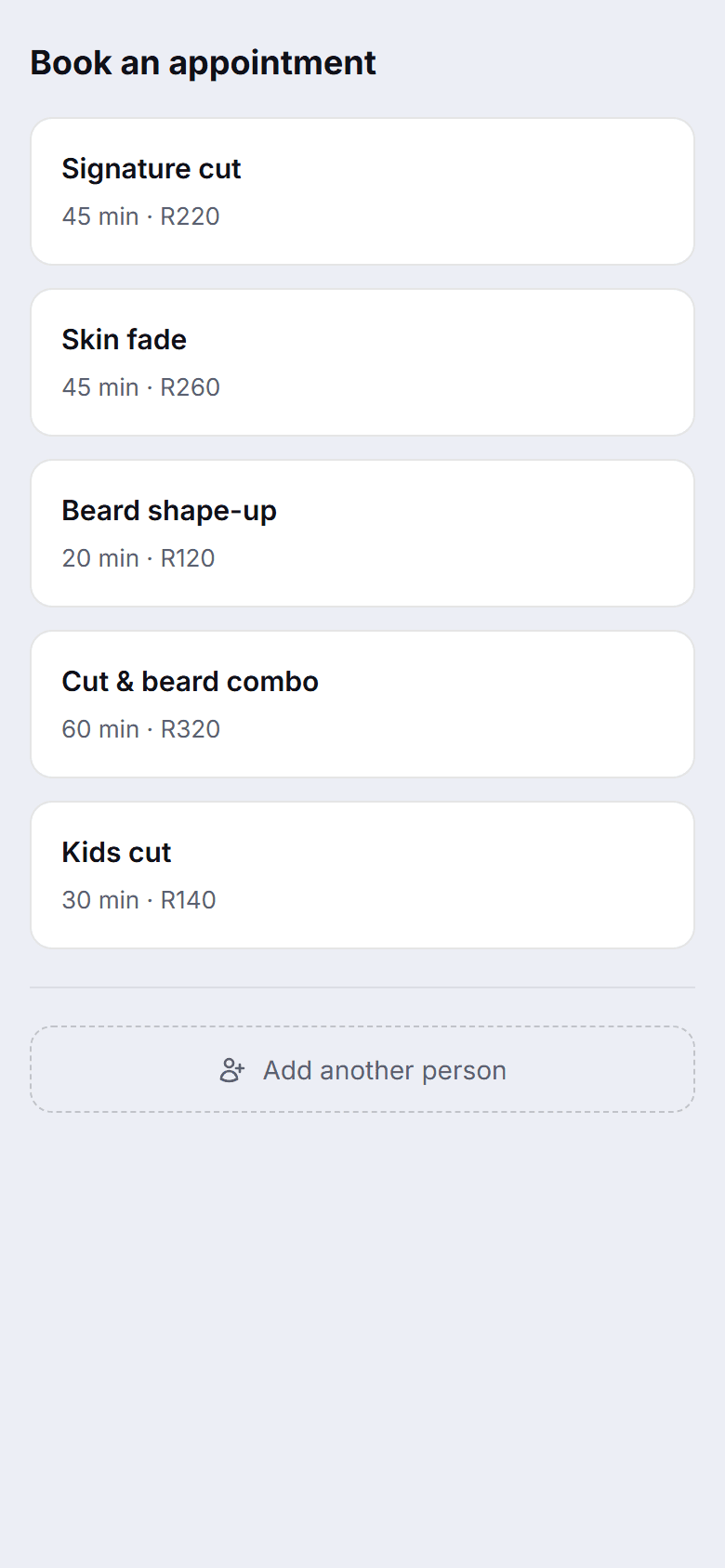 The Slotzy booking page showing a barbershop service list with prices