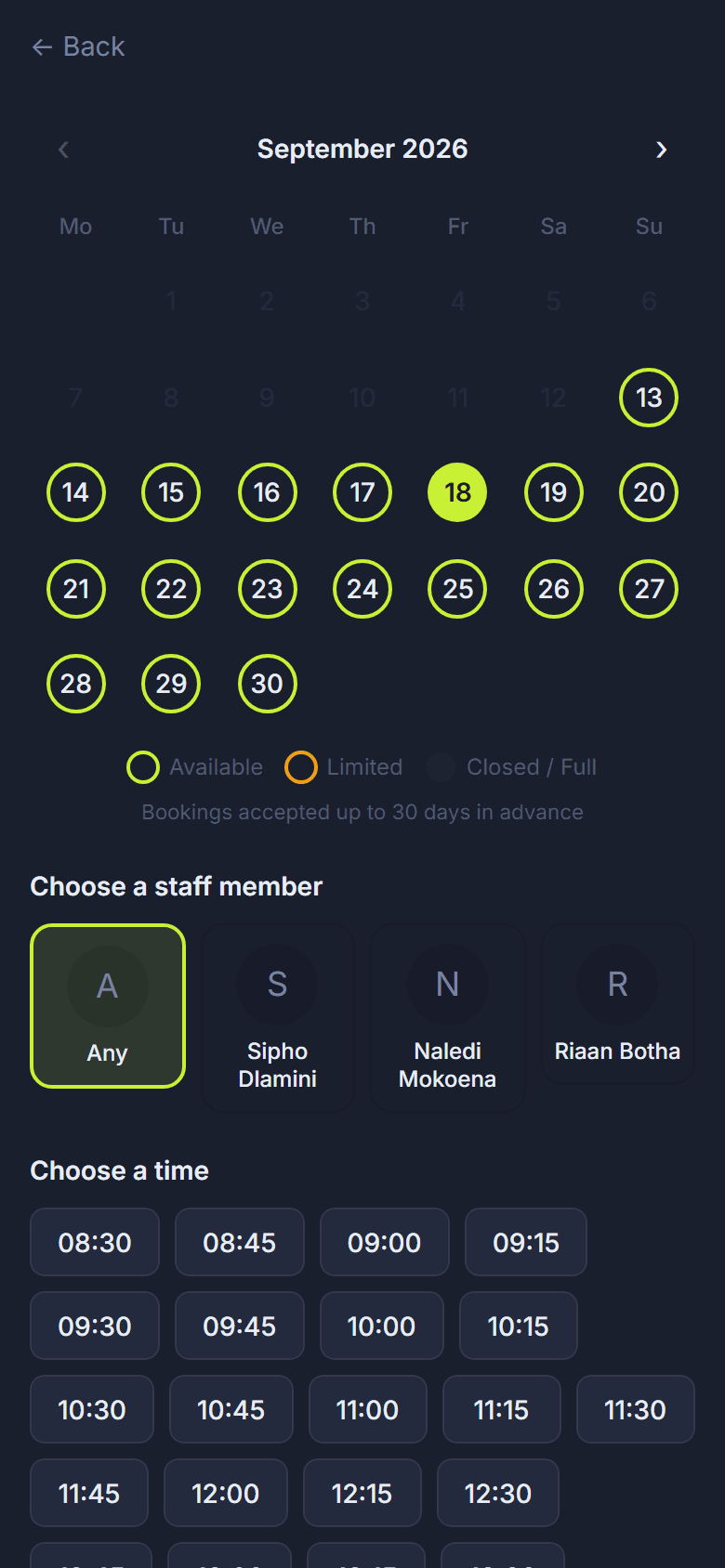 The Slotzy time picker showing available slots for a day