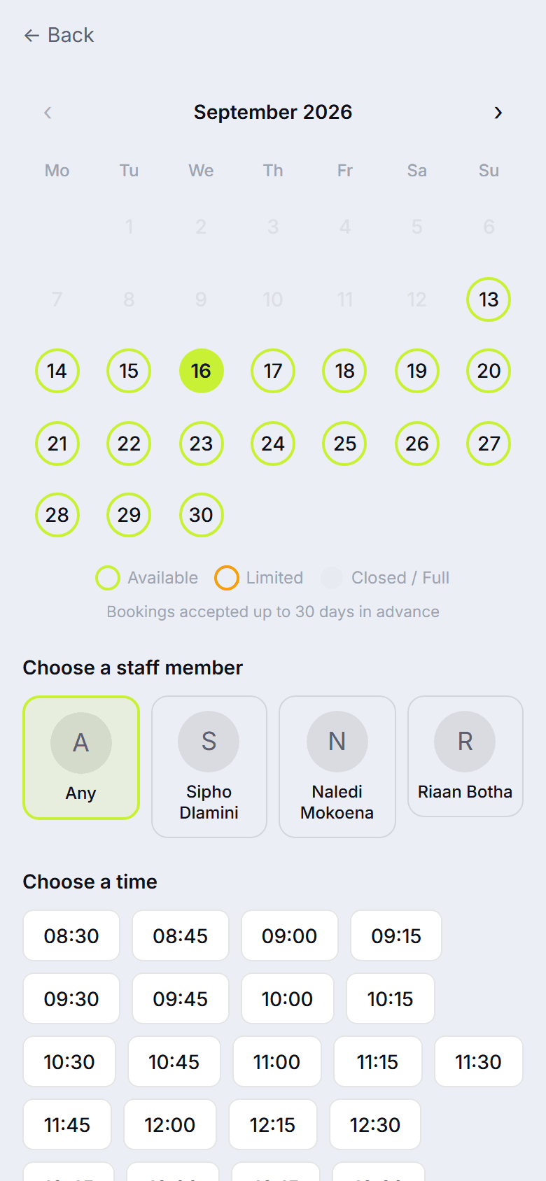 The Slotzy time picker showing available slots for a day
