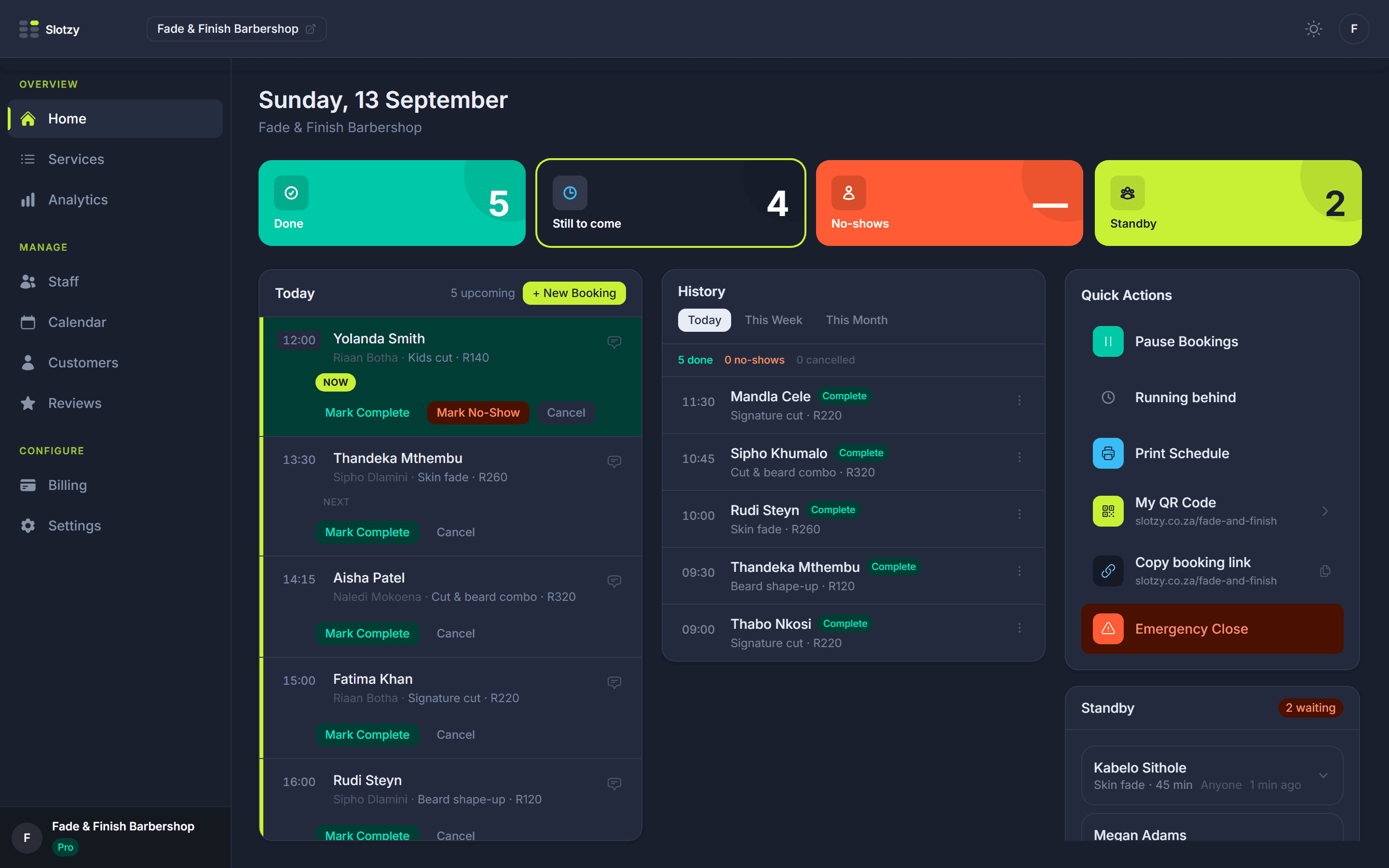 The Slotzy dashboard showing today’s bookings, a standby list and quick actions