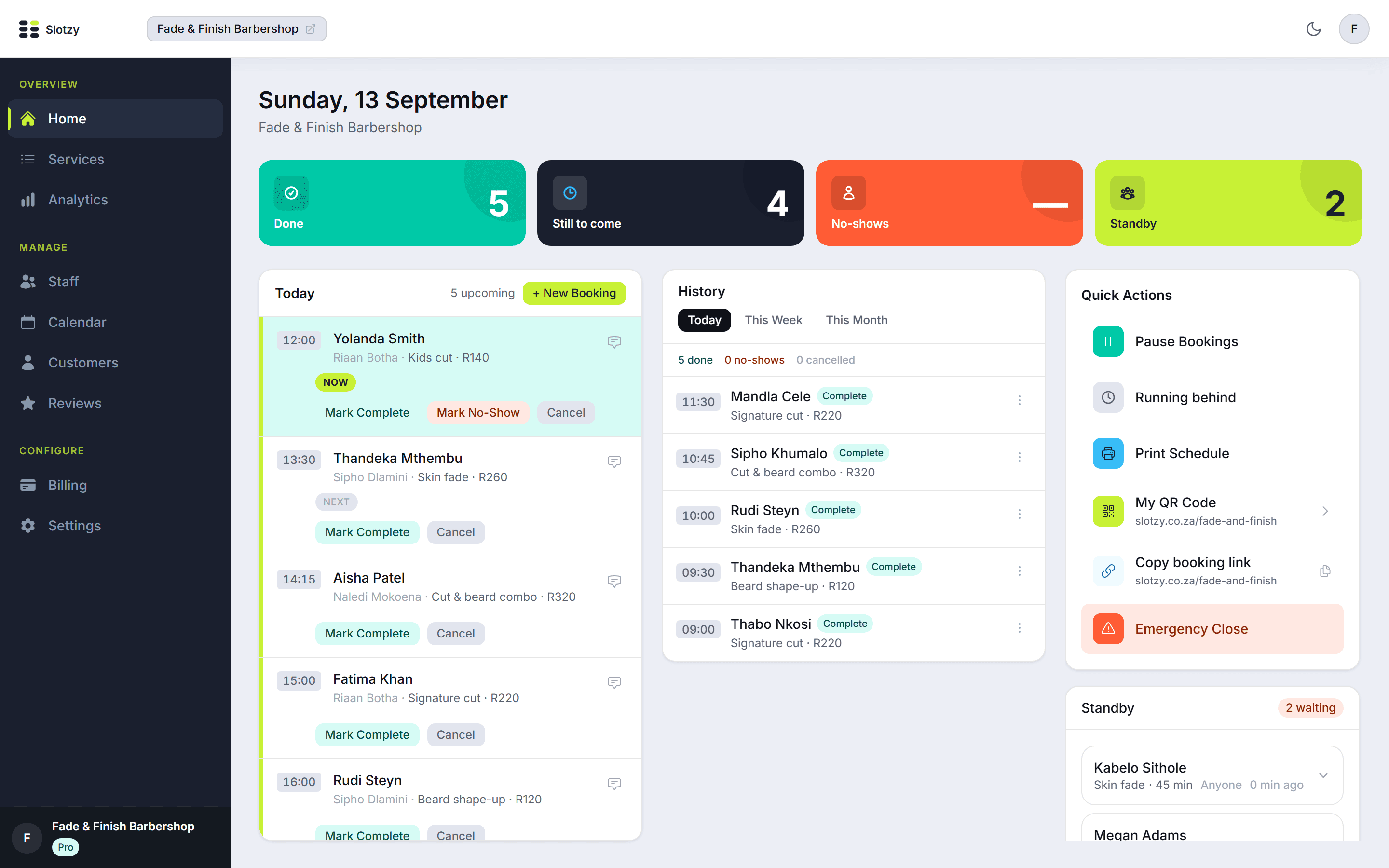 The Slotzy dashboard showing today’s bookings, a standby list and quick actions